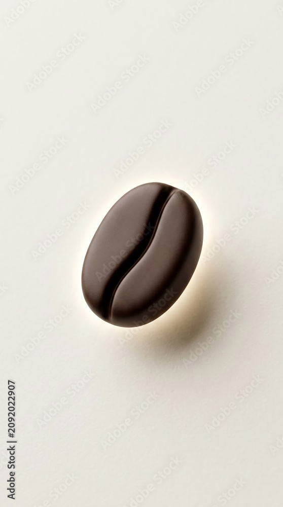 Fototapeta premium Dark brown coffee bean with a subtle glow on a light cream background, representing the essence of coffee, aroma, and energizing beverage