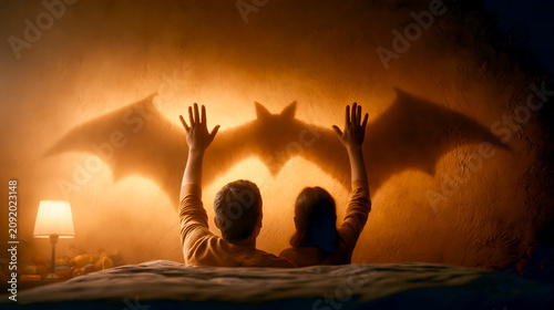 Parent and Child Making Bat Shadow Puppets on Bedroom Wall