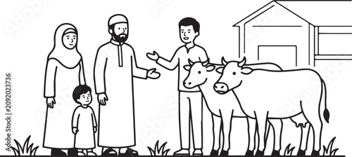 Family teaching boy about cows in a rural setting with simple house isolated on transparent background, Vector