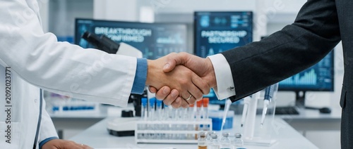 Business Handshake Between Scientist and Executive in a Lab