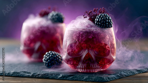 Purple Skull Cocktails with Vapor on Dark Bar Halloween