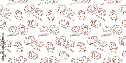 Seamless cotton plant pattern with floral botanical branch and bloom. Line art style. Nature textile background. illustration for wrapping paper, fabric, print design.