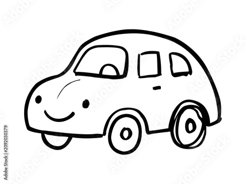 A simple black-and-white, hand-drawn sketch of a smiling car on a transparent background