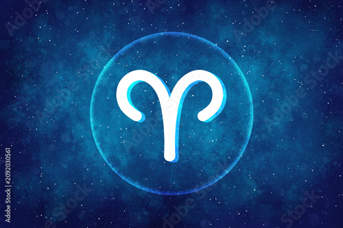 Aries zodiac symbol on a galaxy background.