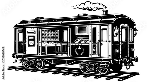 Billede på lærred Vintage Mail Train Interior, Retro Postal Service Wagon, Delivery System