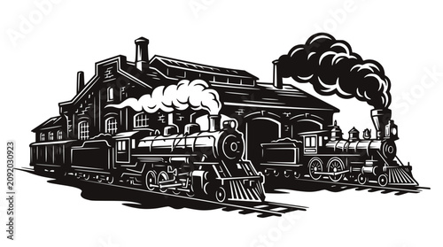 Canvastavla Vintage Steam Trains at Old Station, Black and White Illustration