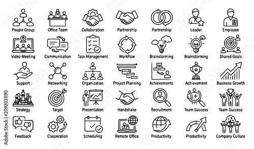 Business management and teamwork icons for productivity and collaboration