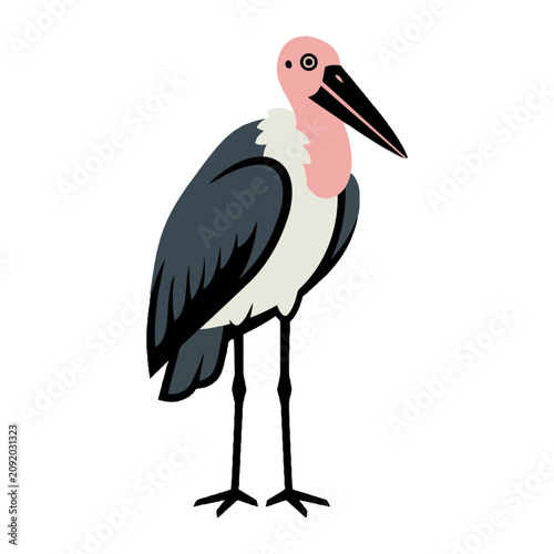 Stylized vector illustration of a marabou stork bird with pink head and long legs isolated on white background