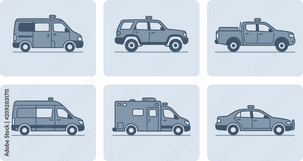 Naklejka premium Set of minimalist ambulance vehicle icons featuring various emergency medical transport designs in a flat vector style