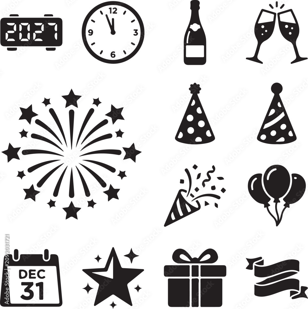 Fototapeta premium New Year Celebration Icons Set Black Silhouette On White Background For Festive Designs