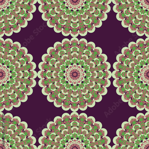 Seamless floral mandala with layered green and cream petals on a rich plum background. Ideal for fabric, wallpaper, home décor, packaging, apparel, stationery, and surface design.