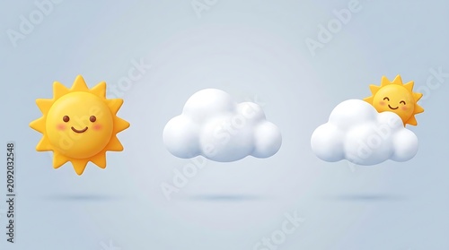 3d cartoon sun and cloud illustrations for weather forecast icons or children's educational materials