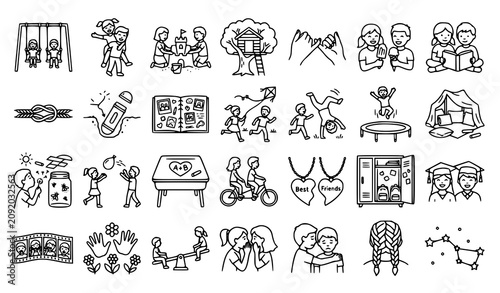 Childhood friends and playful moments outline icons | Kids playing sharing growing up together editable stroke collection on white
