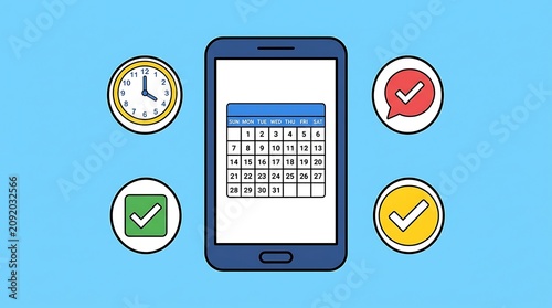 Time management concept with smartphone calendar clock and checkmark icons on light blue background
