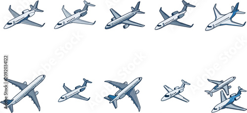 Set of modern business and private jet aircraft including regional airliners and executive transport designs