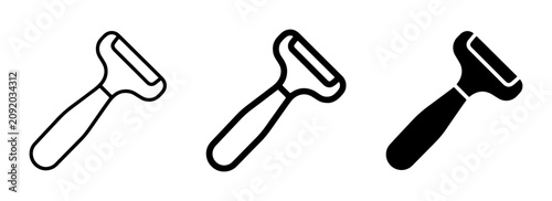 Foto Set of three cheese slicer icons, line art and solid silhouette, kitchen utensil
