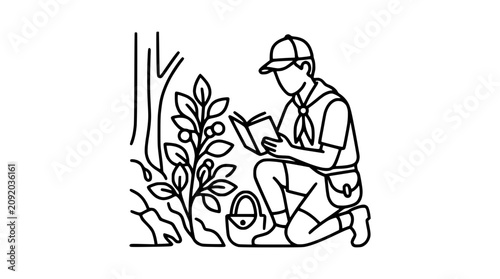 Konstfotografi Scout Reading Nature Guide in Forest - Outdoor Education and Exploration