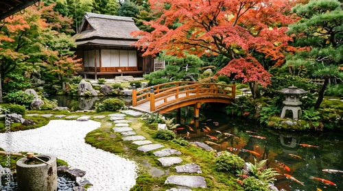 Japanese garden with small house, wooden bridge, koi fish.