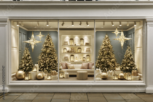 Elegant white Christmas storefront window display with illuminated trees, star pendant lights, and cozy holiday living room vignette.