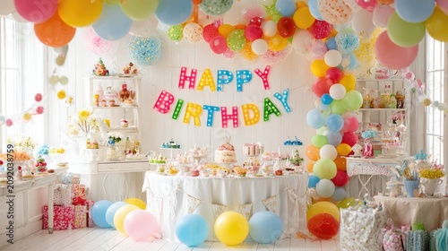 Colorful Birthday Party with Balloons and Cake