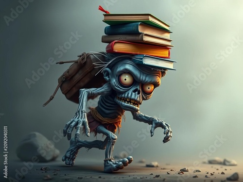 Shabby gray zombie with books stacked on its head, taking slow steps forward, whimsical, overgrown