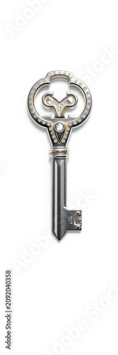Shiny silver key against pure white background, simplicity, reflective