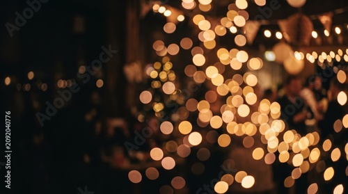 Golden bokeh from string lights glows above a lively night gathering, with blurred silhouettes of people and festive bunting flags creating a warm celebration atmosphere.