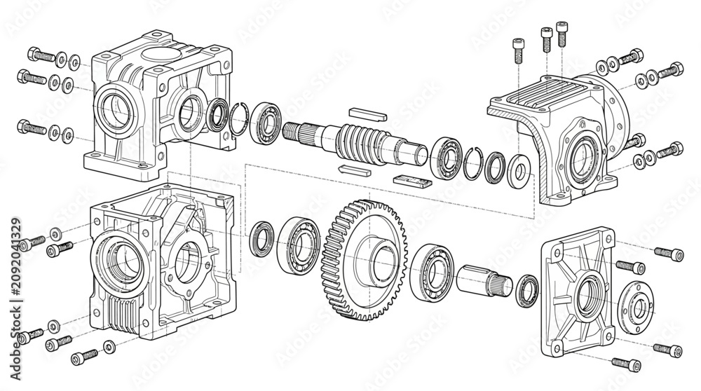Obraz premium Exploded view of worm gear reducer assembly with components