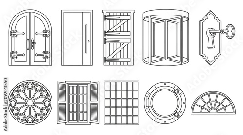 A collection of various door and window designs in line art style