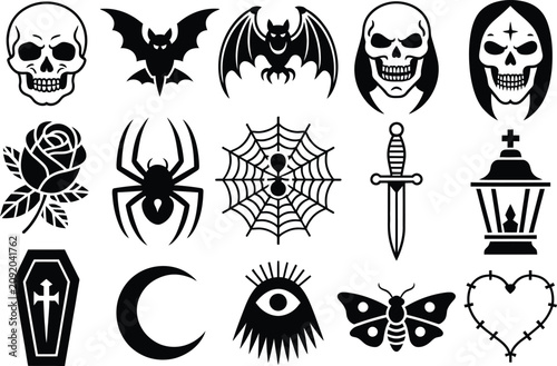 Gothic tattoo art set with skulls bats spiders rose dagger lantern and occult symbols in bold black minimalist aesthetic.