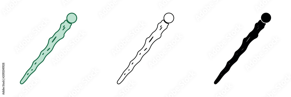 Fototapeta premium Three stylized illustrations of a magic wand in different colors and styles