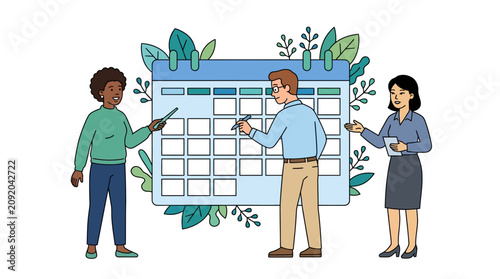 Flat design illustration of a diverse professional team of three people collaborating and scheduling tasks on a large wall calendar with leaf accents on a white background.