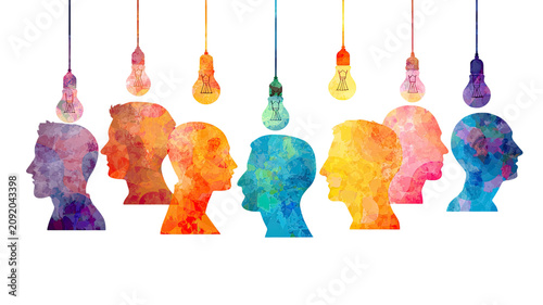 colorful human profile silhouettes with glowing lights bulbs representing creativity,ideas,diversity,intelligence,and innovative thinking on white background 