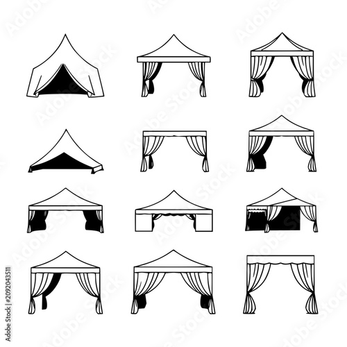 фотографія Tents set with minimalist black and white vector illustration featuring tents, c