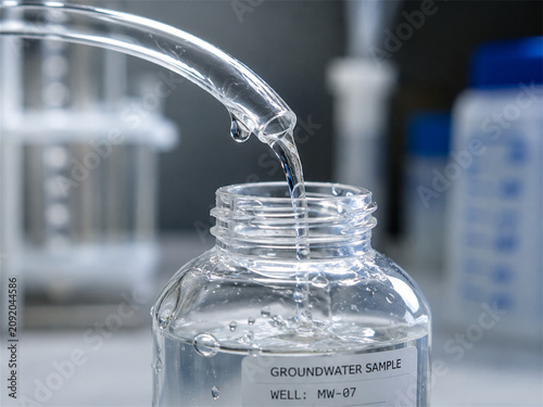Laboratory pipette dispenses a clear groundwater sample into a labeled glass bottle during precise environmental testing for contamination analysis water quality research and public safety