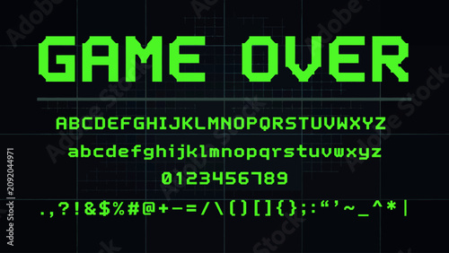 Retro pixel game over text with alphabet and numbers on grid background