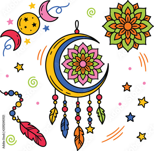 Bohemian style moon dreamcatcher and mandala decorative art with dreamcatcher
