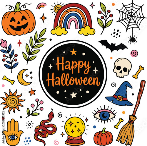Happy halloween cute doodles and decorative elements collection with halloween