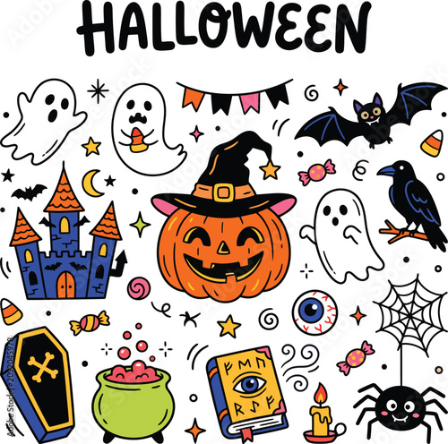 Halloween elements doodles with pumpkin witch hat and haunted castle, hand drawn