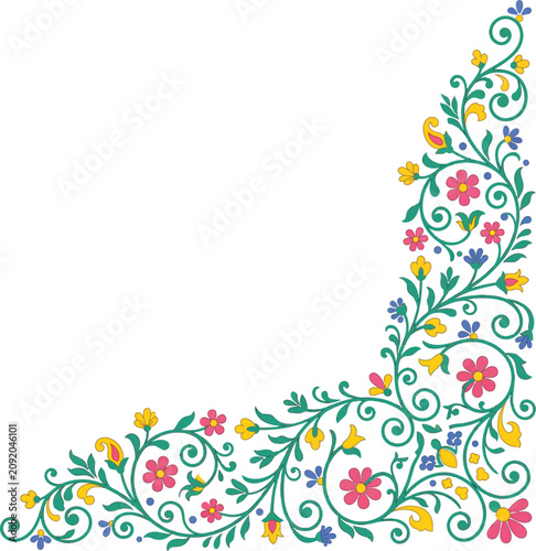 Floral corner border element with decorative swirls and colorful blossoms