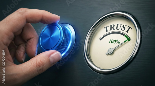 A hand adjusts a blue dial next to a trust meter showing 100%, symbolizing complete confidence and control over reliability.