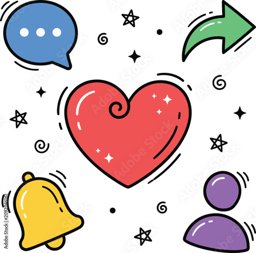 Social media engagement icons with heart message bubble and notification
