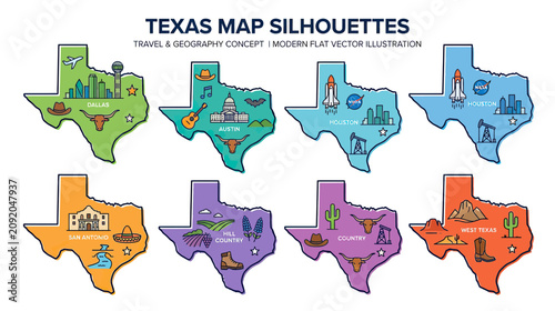 Texas Map Silhouettes: Icons of Culture, Landmarks, and Geography