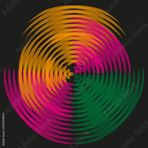 Colorful abstract optical illusion features dark vector background. Geometric spiral wave texture enhances hypnotic trance projects.