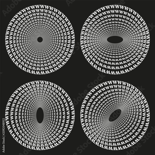 White optical illusion collection features abstract vector set. Geometric spiral tunnel textures enhance hypnotic background projects.