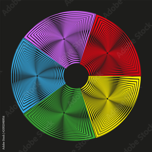 Colorful geometric mandala features dark vector background. Abstract pie chart diagram texture enhances creative data projects.