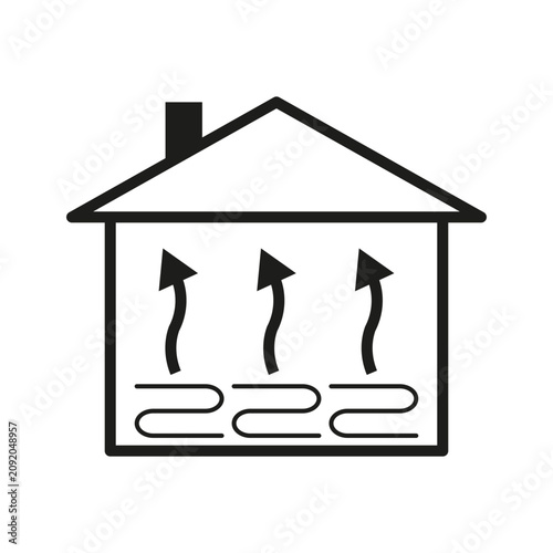Home heating system features simple vector illustration. House floor warm wave arrows enhance real estate projects.