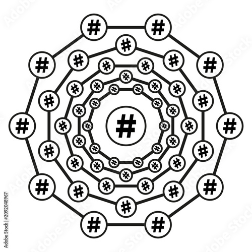 Hashtag geometric mandala features simple vector background. Connected hash symbol network enhances social media projects.