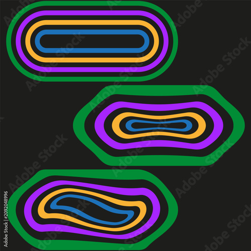 Colorful abstract wave collection features dark vector set. Geometric glowing oval shapes enhance creative neon projects.