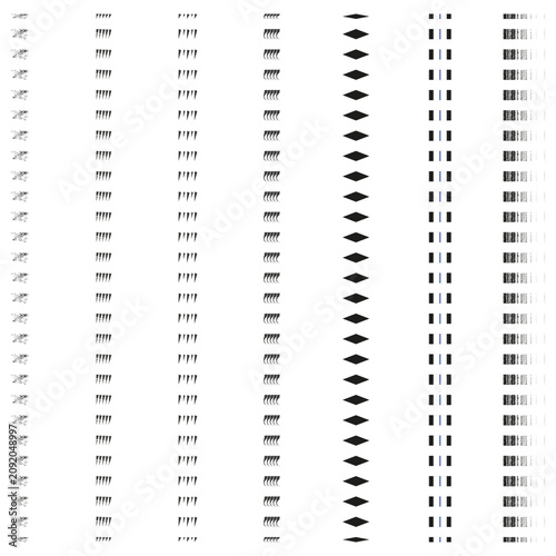 Vertical line border collection features simple vector set. Geometric dashed separator symbols enhance creative document projects.